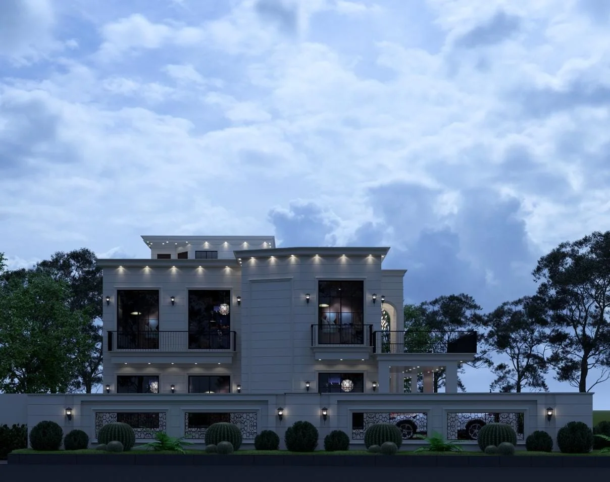 Ongoing luxury villa — twilight elevation